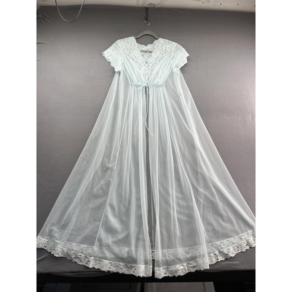 Vintage Shadowline Peignoir Robe Womens Medium Lace Sheer Nylon Lingerie 70s - Picture 1 of 12